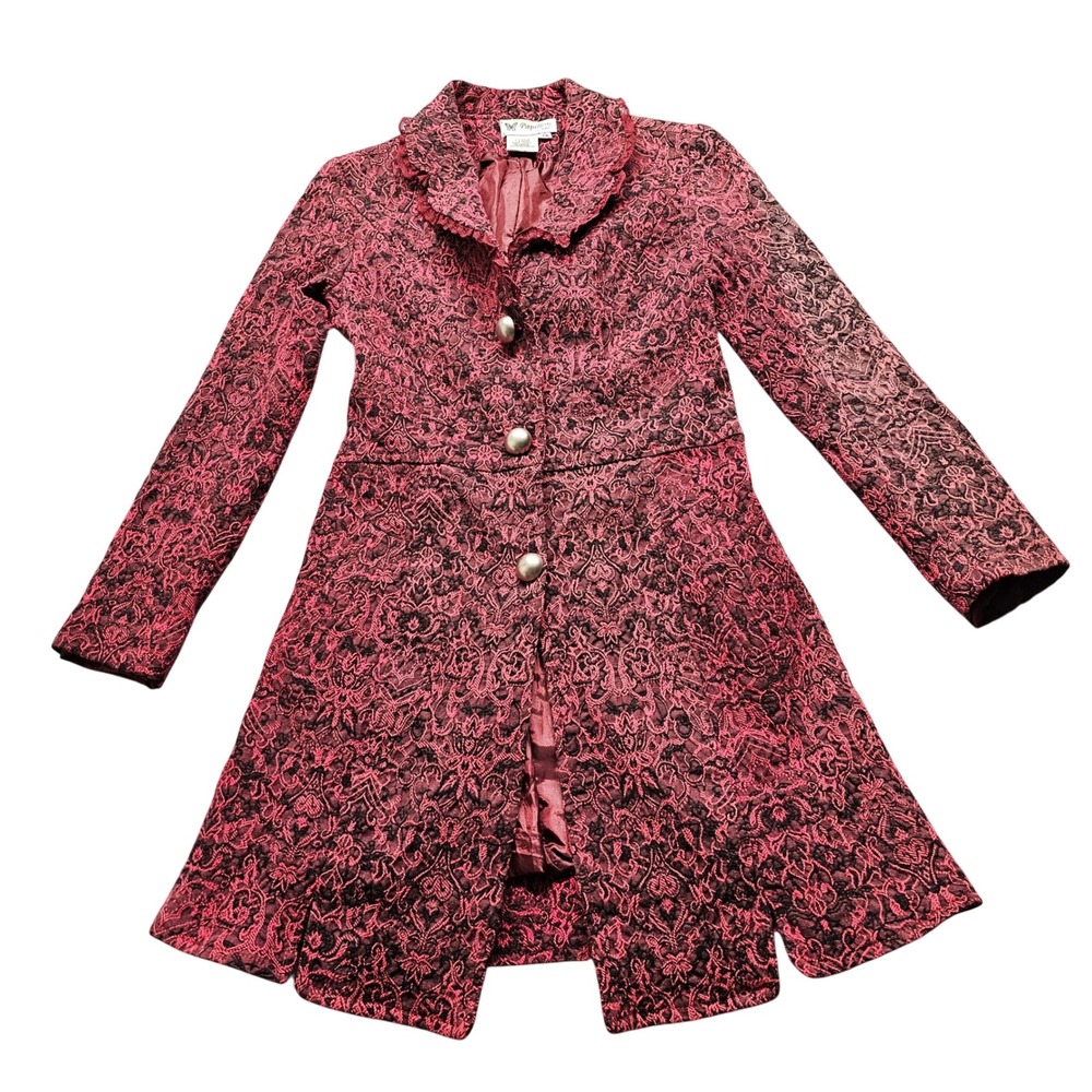 Papillon Los Angeles Damask Jacquard Ruffle Blazer XS Burgundy Black Longline